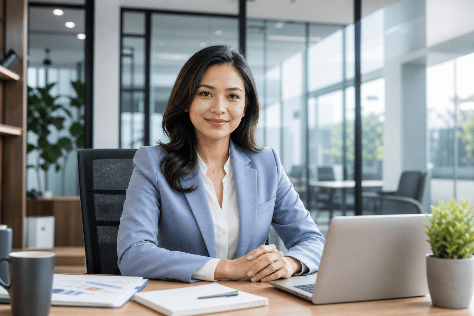 Perempuan profesional duduk di kantor modern untuk halaman login Insimen