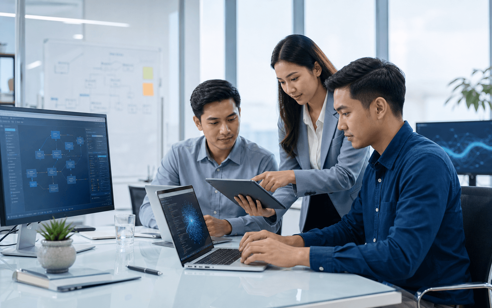 Tim teknologi profesional mengembangkan sistem AI di ruang kerja modern dengan laptop dan tablet.