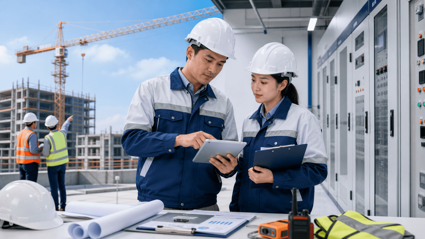 Tim engineer meninjau kepatuhan konstruksi, kelistrikan, dan K3 dengan checklist digital.